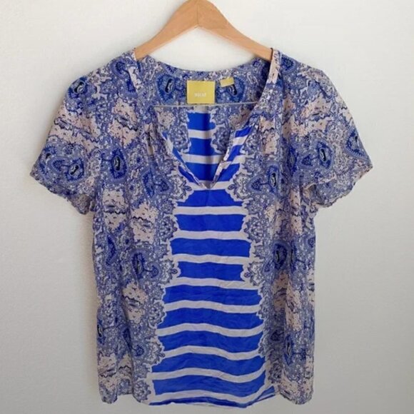 Anthropologie Maeve Archivist Blouse S 100% Silk Striped Paisley Boho Blue - Picture 4 of 8